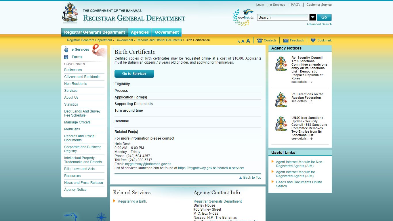 Birth Certificate - Registrar General's Department - Government